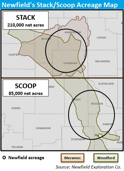 Newfield Exploration, Anadarko Basin, Stack, Scoop, acreage, map, Oklahoma, shale