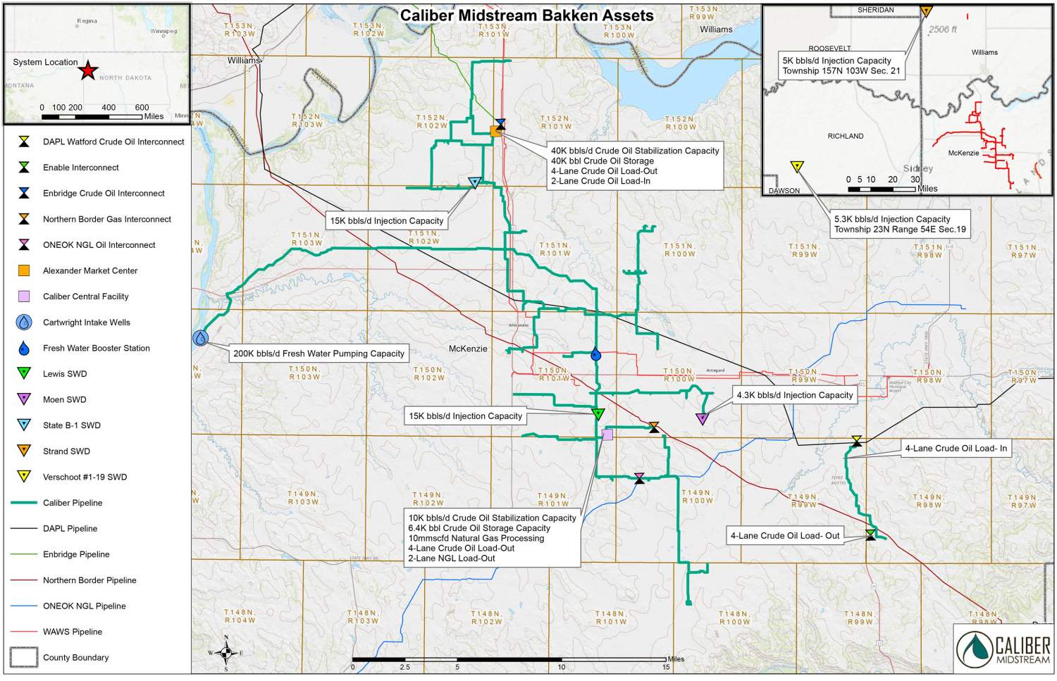 A map of Caliber Midstream’s asset base in the Bakken and Three Forks shale plays in McKenzie County, N.D. The map does not include recent expansion. (Source: Caliber Midstream Holdings LP)
