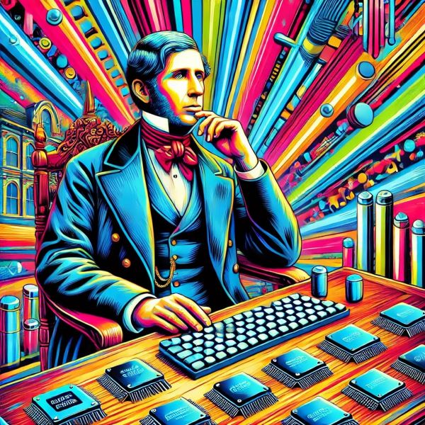 A vibrant Pop Art-style painting of a British researcher from the 1860s sitting at a wooden desk filled with modern computer chips