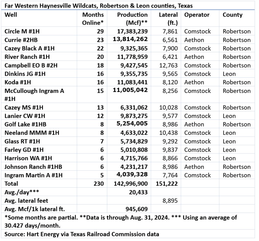 The 17 western Haynesville wildcats’ production, to date, has averaged 946 MMcf per 1,000 lateral ft from wells ranging from as old as 29 months to five, according to Texas Railroad Commission data. (Source: Hart Energy)