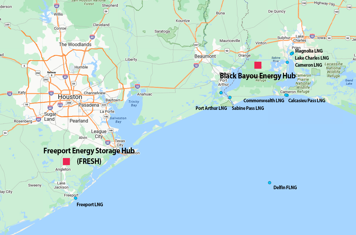 The Freeport Energy Storage Hub and Black Bayou Energy Hub are located near major LNG facilities and projects. (Source: Rextag)