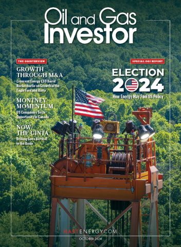 Hart Energy's Oil and Gas Investor, October 2024 cover: A rig in the Utica Shale proudly flies the U.S. flag in this image by Advantage Video & Marketing.